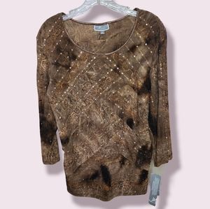 NWT JM Collection (M) Espresso Roast (Browns) Sequin Blouse 3/4 Sleeve
